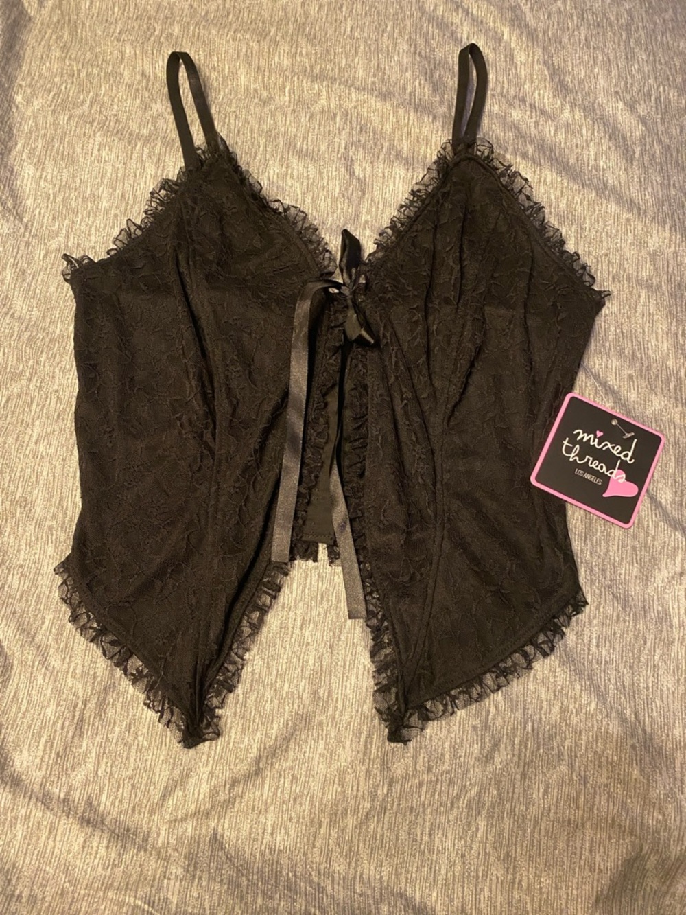 Mixed Threads XL Black Sleeveless Open Tie Front Lace Tank Top Adj Straps NWT